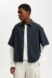 [Cotton On Men] Cotton On Men - Darcy Short Sleeve Shirt - Navy grid check S NAVY GRID CHECK