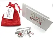 Baby's First Christmas 2024 Keepsake Nappy Safety Pin - Candy Cane, Letter Block and Hat with Red Gift Bag and Christmas Card, Small, Metal, Rhinestone