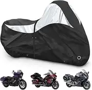 600D Motorcycle Cover，Heavy Duty Waterproof Motorcycle Covers Outdoor Storage with Lock-Holes Compatible with Harley Davidson, Honda, Suzuki, Kawasaki, Yamaha (Side+Top Box)