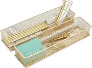 Annova Mesh Drawer Cabinet and Shelf Organizer Bins Storage Basket School Office Supply Holder Tray- Set of 2 (Gold, 3x12x2 Inch)