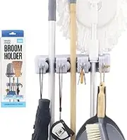 White Magic Broom Holder, Regular – Compact Tool Organizer with 3 Rubber Grip Slots & 4 Hooks, Wall-Mount Storage for Indoor/Outdoor Brooms, Mops & Tools, 5kg Capacity per Slot
