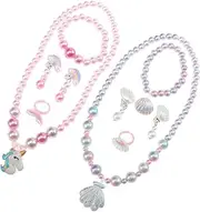 [HORIALENCE] 2Sets Unicorn Shell Jewelry for Cute Necklace Bracelet Earrings Ring Set Little Theme Parties Banquets Daily Wear Stylish Beaded Accessories
