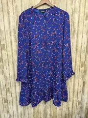 Banana Republic Ruffle Hem Swing Shift Dress Blue Leaf Keyhole Neck Large NWT