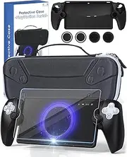 Case for PlayStation Portal Remote Player with Silicone Case/Screen Protector/Thumb Cap, 7-in-1 Hard Carrying Case Compatible with PS5 PlayStation Portal Console and Accessories(Black)