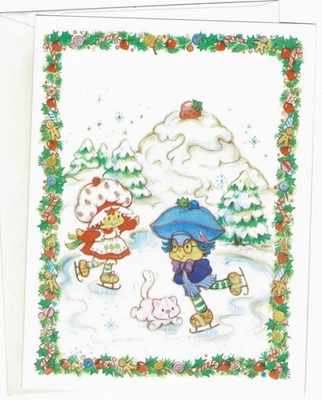 Cute Strawberry Shortcake & Friends Ice Skating Vintage Christmas Card!