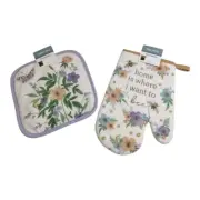 Home Is Where I Want To Be Oven Mitt & Potholder Set Butterfly Bee Flower