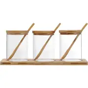 3pcs Glass Spice Jar Set Bamboo Tray With Serving Spoon Kitchen Pantry Organiser