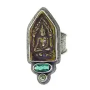 Tabra Bronze Buddha Green Quartz Peridot Ring Adjustable Size 7-7.5