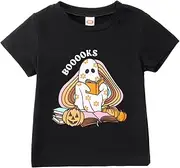[KEKEMI] Booooks Ghost Halloween T-Shirt Toddler Boys Girls Retro Ghost Books Reading Tees Cute Baby Pumpkin Ghost Graphic Tops