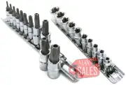 21 Pc bits E-TORX (Star) 5 point MALE/6 Point FEMALE SOCKET Bit Set + Rails New