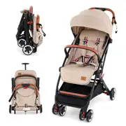 Costway Folding Stroller & Pushchair Pram w/Adjustable Backrest & Footrest & 5-Point Harness Beige