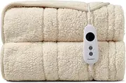 Dreamaker Reversible Sherpa & Coral Fleece Electric Heated Throw Blanket 200x180cm Energy Efficient Heating Rug Snuggle Overheat Protection 9 Heat Settings Detachable Controller - Cream Beige