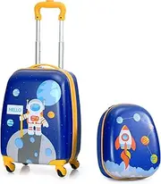 [Baby Joy] 2 PCS Kids Luggage Set, 13" & 16" Kids Carry On Suitcase Set, Children Travel Rolling Trolley Suitcase w/ 4 Casters, Retractable Handle, Lightweight Trolley Case for Boys Girls (Astronaut)