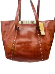 Patricia Nash Leather Benvenuto Tote Bag Brown Signature Print Logo Grape Leaf