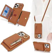 Cavor Crossbody Wallet for iPhone 16 Pro Max Leather Case for iPhone16pro Max Case 6.9'' Flip Cover Card Slots with 360°Rotation Ring Holder Kickstand & Long Shoulder Lanyard Strap-Brown