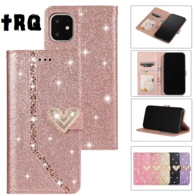iPhone 11 12 13 14 15 Pro Max Glitter Pink Girls Leather Wallet Phone Case Card