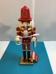 Wooden Fire Fighter Nutcracker With Ladder & Hose 12” Tall New