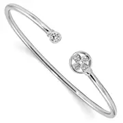 Sterling Silver Rhodium-Plated Cz Flower Cuff Bangle