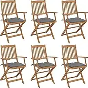 Folding Acacia Wood Patio Chairs, Set of 6 with Grey Cushions, Outdoor Dining Furniture for Deck