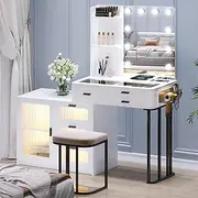 Dystler Vanity Makeup Set with Mirror Lights - Dressing Table with 6 Drawers/Large Storage - Vanity Makeup Table with 3 Colors Adjustable Lighting Brightness & Charging Station for Women, White