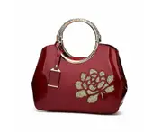 Women Handbag Leather Flower Pattern Satchel Charm Glossy Metal Grip Shoulder Bag-WineRed