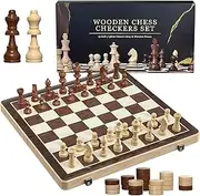 Chess Board Set with Checkers - 15.35" Wooden Chess Board Game Travel Chess for Adults & Kids, Chess Gift Toys for Boys Girls (15.35“)