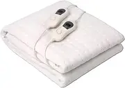 Dual Control Washable Electric Blanket 3 Heat Setting Safety Overheat Protection Machine Washable Underblanket White Suitable for Double and Queen Bed with LED Dual Control