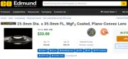 Edmund Optics 25mm dia. 35.0mm FL MgF2 Coated, Plano Convex Lens 45-146