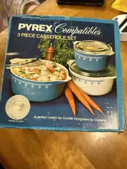 * PYREX 3 PIECE CASSEROLE SET SNOWFLAKE BLUE CORNING NEW. Factory sealed box.