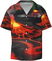 [HTTUP] Kilauea Volcanos Print Men's Hawaiian Softness Shirts Short Sleeve Button Down Cuban Collar Lightweigh