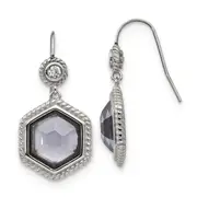 Stainless Steel Chisel Antiqued And Polished With Grey Glass Cz Shepherd Hook Earrings