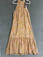 Cynthia Steffe Dress XL Marigold Green Maxi Paisley Tiered Halter Boho Coastal