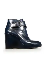 Navy Leather Wedge Heel Boots