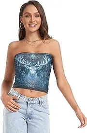 [FRODOTGV] Retro Deer Dark Cyan Women's Crop Tops with Mesh Bandeau Bra Top Tight Bandeau Bra for Teen Surgery, Retro Deer Dark Cyan, Medium