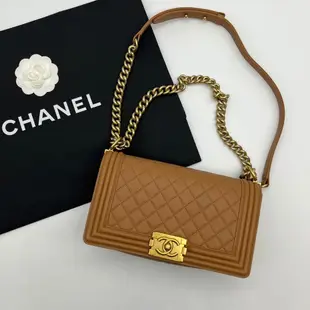 【哈極品】美品《CHANEL 香奈兒 駝金羊皮菱格25公分boy鍊包/肩背包/斜背包》