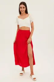 Red Maxi Skirt High Waist Split Tiered - Size 14, Women's Maxi Skirt