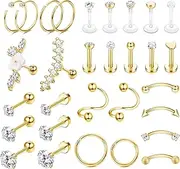 [Kakonia] 30Pcs Helix Cartilage Earrings Silver/Gold Surgical Steel Tragus Earrings Stud Hoop Set FlatBack Labret Monroe Medusa Piercing Stud Tragus Conch Helix Piercing Jewellery for Women