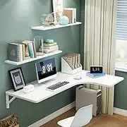 Wall Mounted Folding Computer Desk with Metal Stand Space Saving Drop Leaf Table for Small Spaces in Office Bedroom Kitchen Dining Room