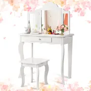 Giantex Kids Makeup Dressing Table Stool Set Folding Mirror Princess Vanity Writing Desk w/Large Drawer Gift White