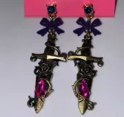 Betsey Johnson Vintage Bronze Daggar Sword Rose Thorn Purple Blood Drop Earrings
