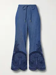 [Zimmermann] Zimmermann - Coco Belted Embroidered Cotton-chambray Flared Pants - Blue - 1 1 Blue
