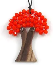 [Avalaya] Bright Orange Glass Bead/Brown Wood Tree of Life Pendant with Black Cotton Cord - 76cm L, One Size, cords Glass Wood