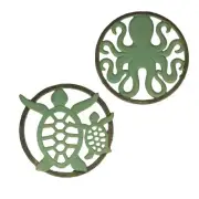 Charming Cast Iron Trivet Set: Nautical Octopus & Sea Turtle Design, Verdigris