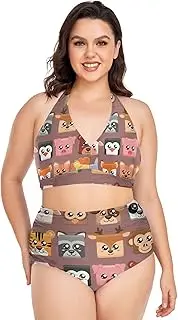 [Caihoyu] Large Size Lady Bikini Tummy Control Bathing Suits High Waisted Bikini Swimwear Cute Cartoon Animals Head Square Shape L