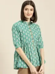 Beautiful Women Teal Blue & Off-White Printed A-Line Rayon Top for Girls & Women