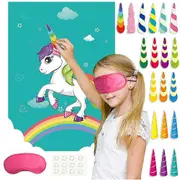 Pin the Horn on the Unicorn Birthday Party Game with 34 Horns for Unicorn Party Supplies, Kids Birthday Party Decorations snngv