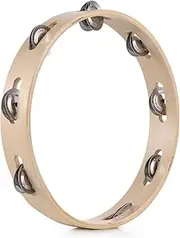 10 Inch Tambourine for Adults Pleasant Jingle Sound Hand Cranked Bell Rings Wooden Natural Color Metal Bell Sound Percussion Instruments Home School Party Supplies Single Row Wooden Tambourine