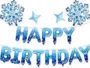 Blue Snowflake Happy Birthday Foil Balloon Banner Set for Winter Wonderland Birthday Party Decorations