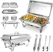 Chafing Dish Buffet Food Warmer Pan Set, Catering Food Warmer Pan with 2 Trays, Lid, Fuel Holder, Clips, Spoons, Multifunctional Stainless Steel Dinner Plate Tray Set Buffet Server for Parties