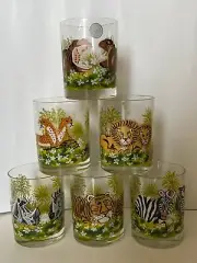 1960s Dorothy Thorpe Jungle Animal Painted Glass Set Unused With Label